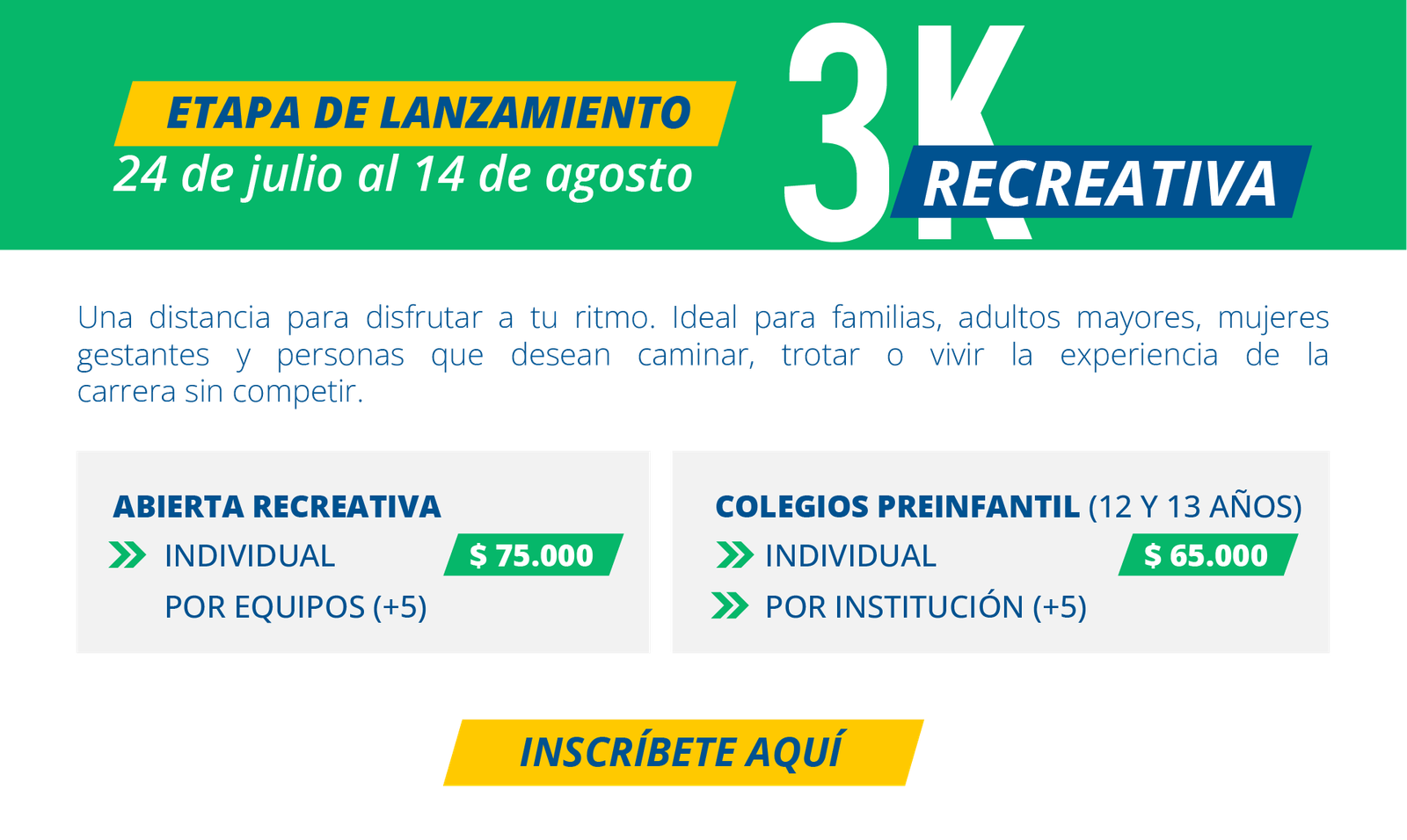 Running Unisangil, Categoría 3K Recreativa-
Una distancia para disfrutar a tu ritmo. Ideal para familias, adultos mayores, mujeres gestantes y personas que desean caminar, trotar o vivir la experiencia de la carrera sin competir.