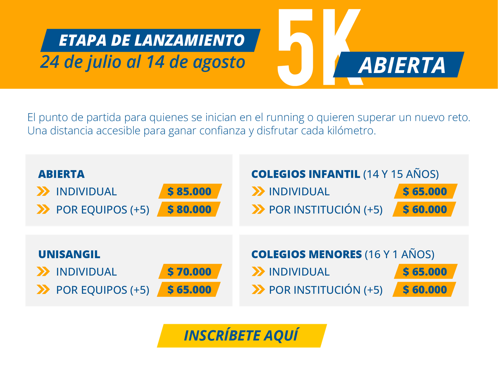 Running Unisangil- Categoría 5K Abierta//
El punto de partida para quienes se inician en el running o quieren superar un nuevo reto. Una distancia accesible para ganar confianza y disfrutar cada kilómetro.